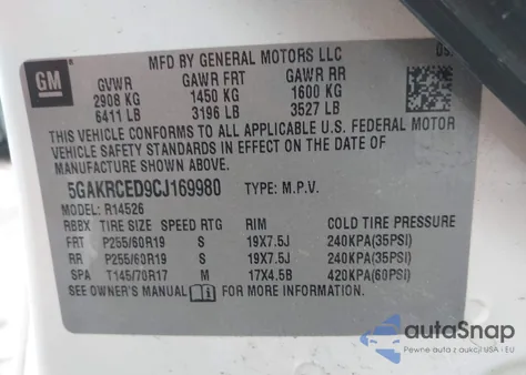 2012 Buick Enclave Leather z USA, uszkodzony, nr VIN 5GAKRCED9CJ169980